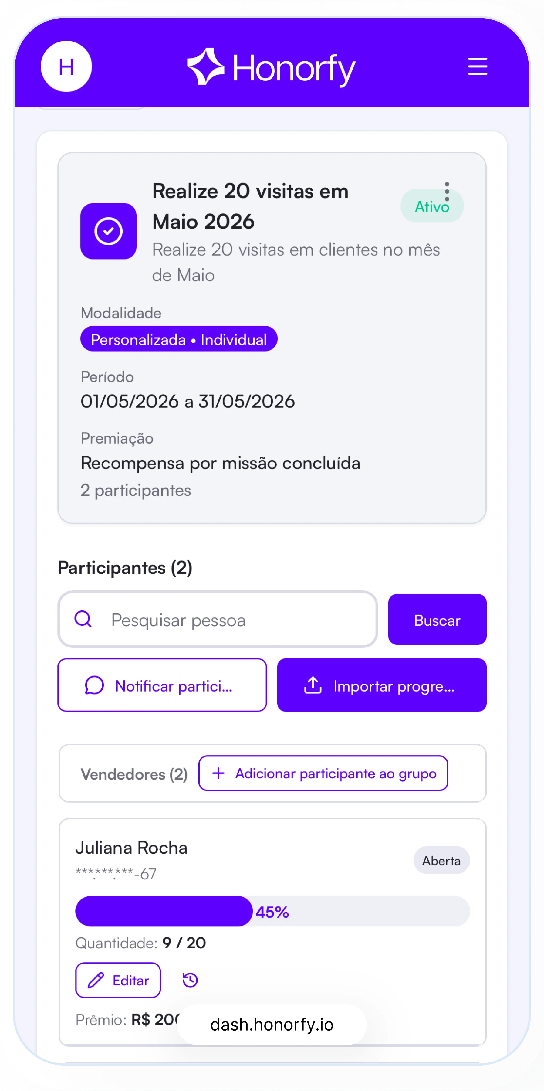 Captura da plataforma Honorfy: Missões Personalizadas