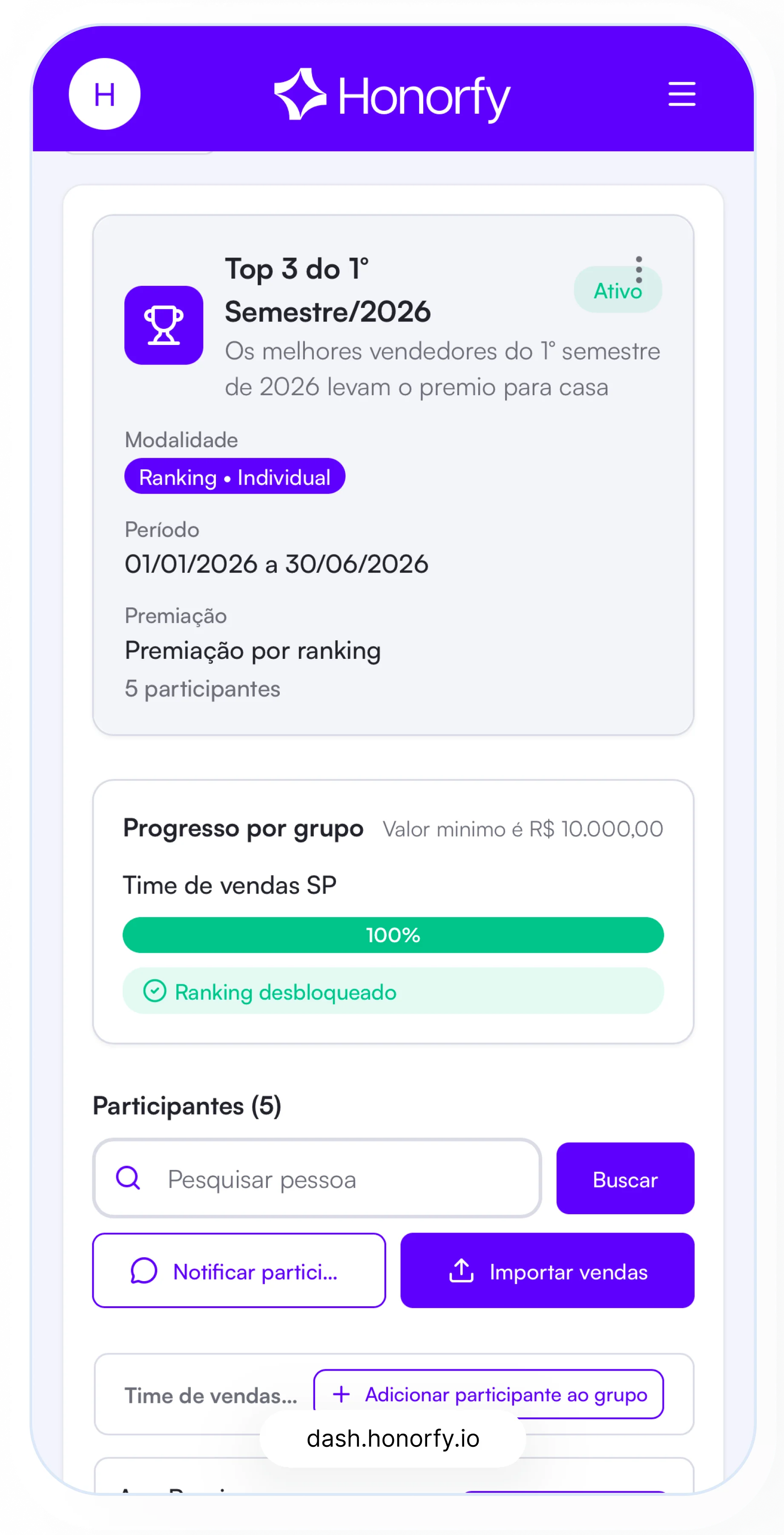 Captura da plataforma Honorfy: Gamificação para Colaboradores