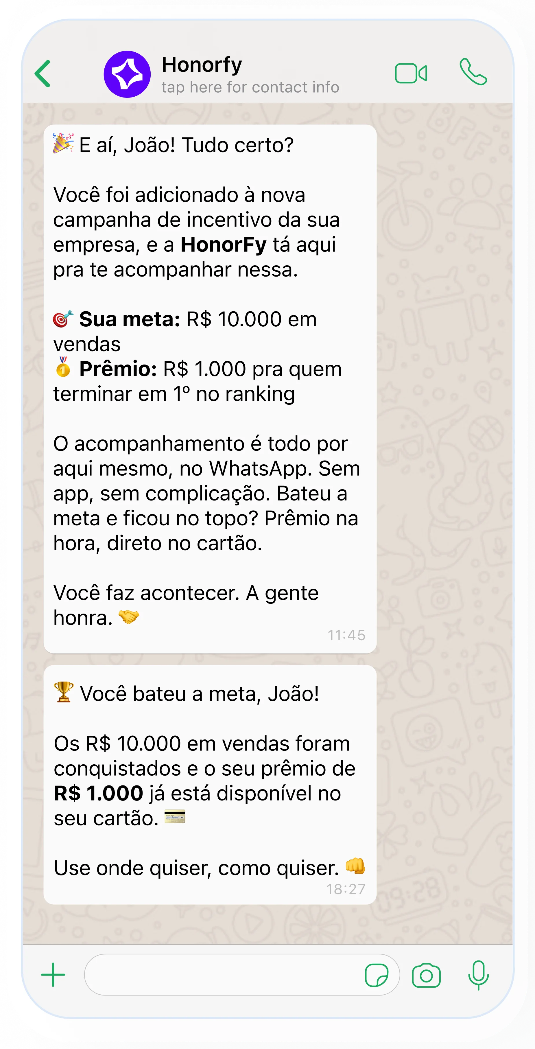 Captura da plataforma Honorfy: Ativação por WhatsApp