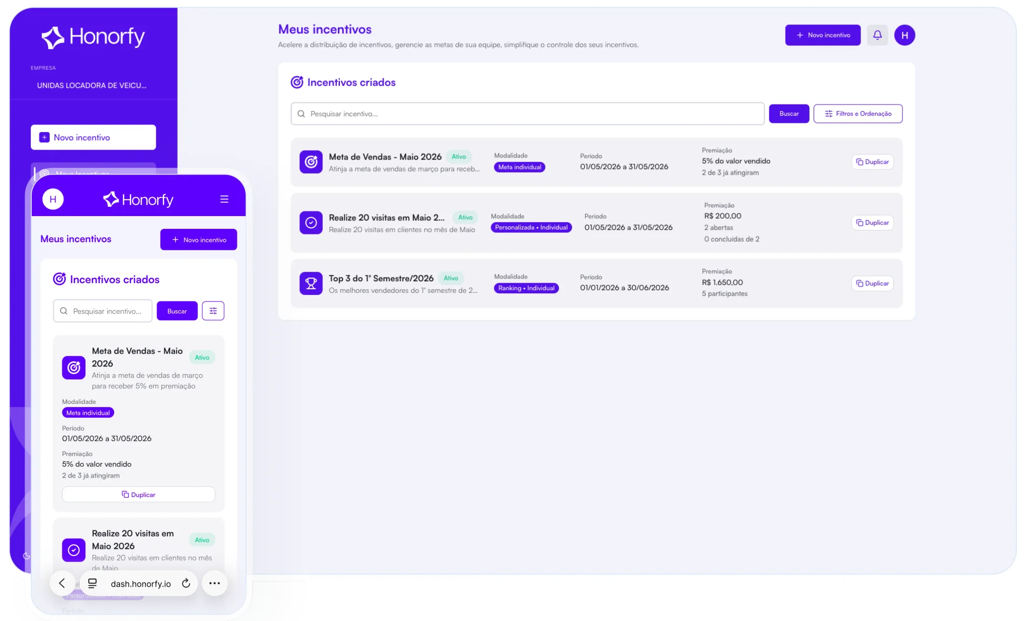 App Honorfy: criar campanha de incentivo no celular